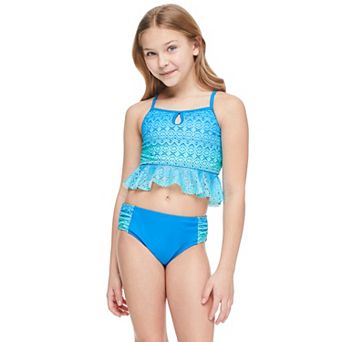 Girls 4-16 Breaking Waves Keyhole Crochet Tankini With Flounce And Side Tab Swim Bottoms