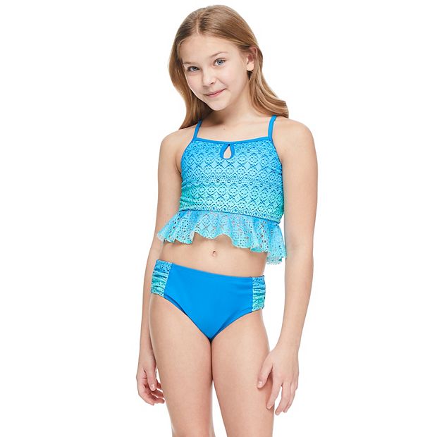 Girls 4-16 Breaking Waves Keyhole Crochet Tankini With Flounce And
