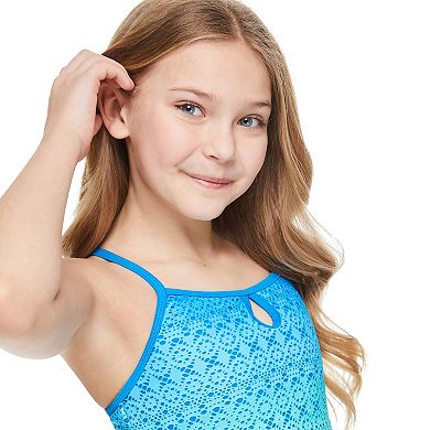 Girls 4-16 Breaking Waves Keyhole Crochet Tankini With Flounce And Side Tab Swim Bottoms