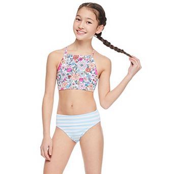 Girls 7-16 Breaking Waves Blue Floral Pop Pique 2 pc Bikini Top & Bottoms Set