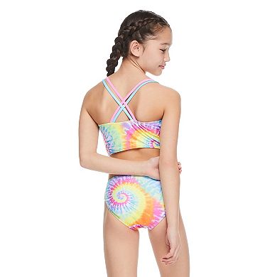 Girls 4-16 Breaking Waves High Neck Multi Strap Back Midkini Swim Top With Swim Bottoms