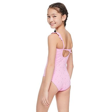 Girls 4-16 Breaking Waves High Neck One-Piece Swimsuit With Flounce Straps And Tie Back
