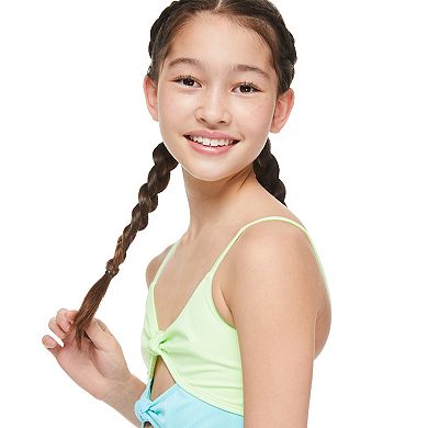 Girls 7-16 Breaking Waves One-Piece Swimsuit With Cutouts And Center Front Knot Details