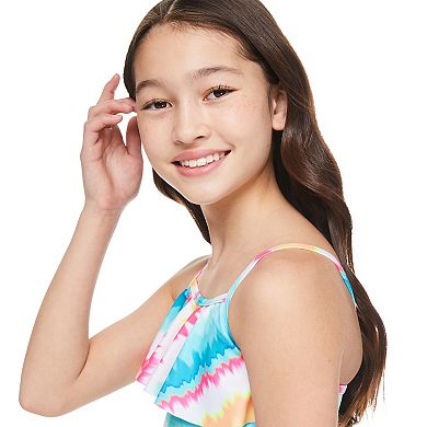 Girls 7-16 Breaking Waves Flounce Tankini And Scoop Swim Bottoms
