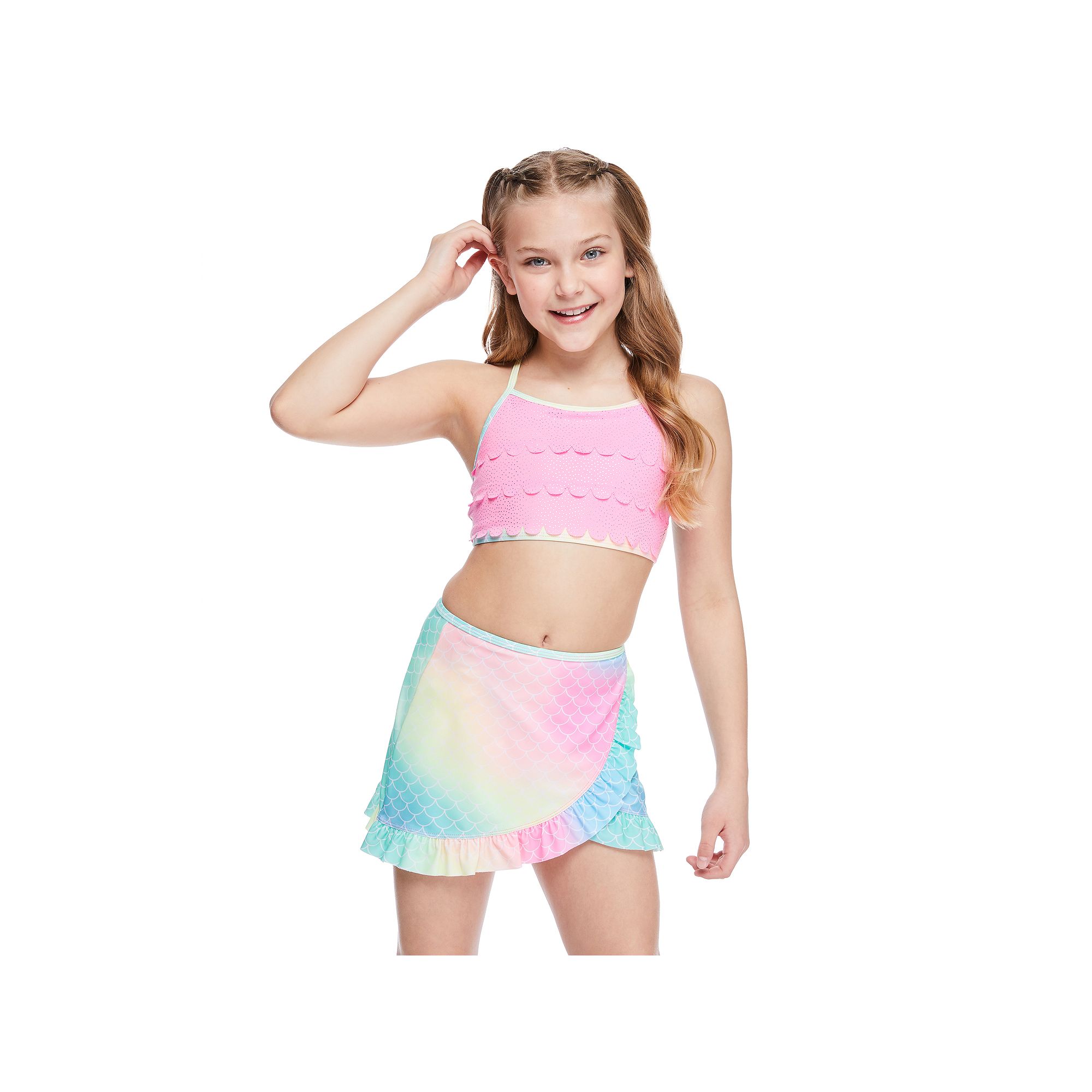 Girls 4-12 Breaking Waves 3-Piece Mermaid Foil Scallop Detail Bikini Top, B