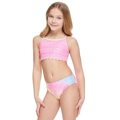 Girls 4-12 Breaking Waves 3-Piece Mermaid Foil Scallop Detail Bikini Top, Bikini Bottoms & Ruffle Skirt Set