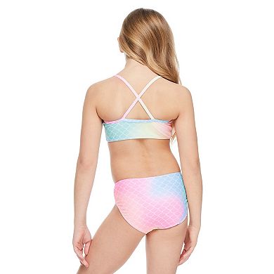 Girls 4-12 Breaking Waves 3-Piece Mermaid Foil Scallop Detail Bikini Top, Bikini Bottoms & Ruffle Skirt Set