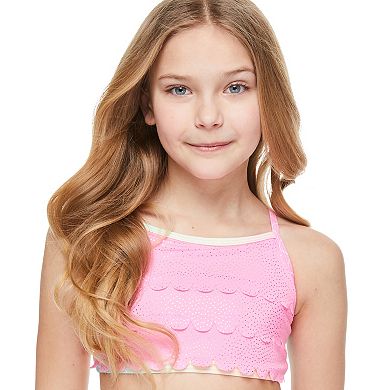 Girls 4-12 Breaking Waves 3-Piece Mermaid Foil Scallop Detail Bikini Top, Bikini Bottoms & Ruffle Skirt Set