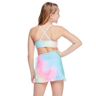 Girls 4-12 Breaking Waves 3-Piece Mermaid Foil Scallop Detail Bikini Top, Bikini Bottoms & Ruffle Skirt Set