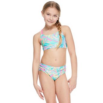 Girls 7-16 Breaking Waves 2-Pece Multicolored Strappy Back Bikini & Swim Bottoms