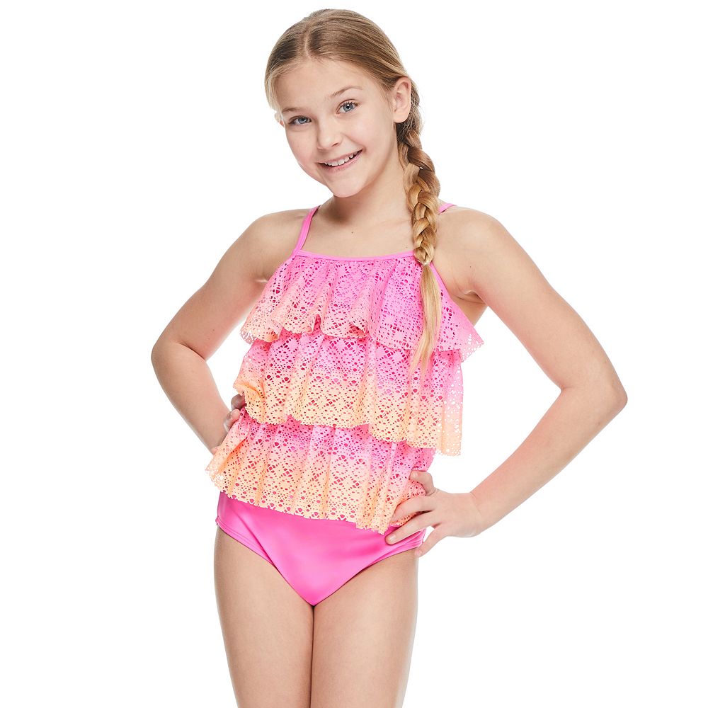 Girls 4-16 Breaking Waves Berry Glow 3 Tier Tankini Swimsuit in