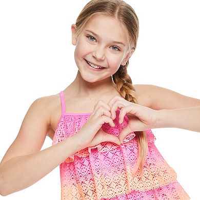 Girls 4-16 Breaking Waves Berry Glow 3 Tier Tankini Swim Top in Regular & Plus