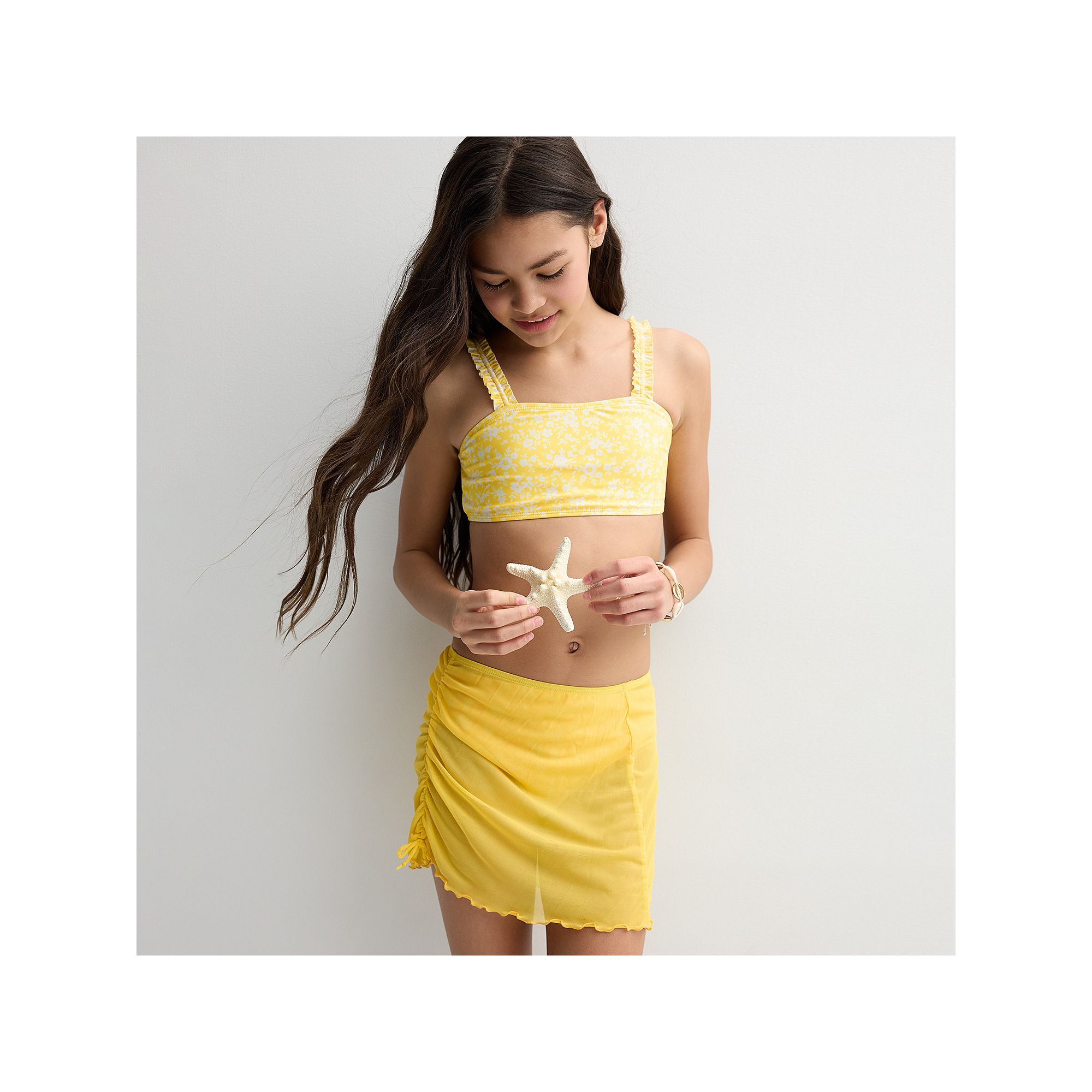 Girls 4-18 Breaking Waves Yellow Ditsy Floral Bikini with Sarong in Regular
