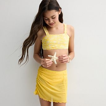 Girls 4-18 Breaking Waves Yellow Ditsy Floral Bikini with Sarong in Regular & Plus