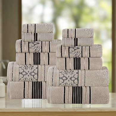 SUPERIOR Sadie Zero Twist Cotton Elegant Floral Solid and Jacquard Towels 12-Piece Set
