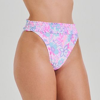 Juniors' Ninety-Nine° Smocked Band High-Waist Ultra Cheeky High Leg Swim Bottoms