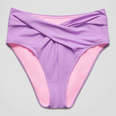 Juniors' Ninety-Nine° Twist Front High Waist High-Leg Cheeky Swim Bottoms