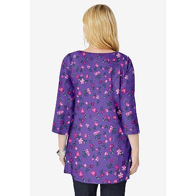 Woman Within Plus Size Perfect Printed Three-Quarter-Sleeve V-Neck Tunic