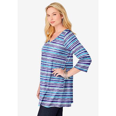 Woman Within Plus Size Perfect Printed Three-Quarter-Sleeve V-Neck Tunic