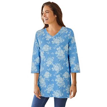 Woman Within Plus Size Perfect Printed Three-Quarter-Sleeve V-Neck Tunic