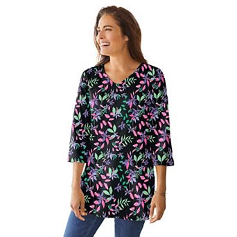 Woman Within Plus Size Perfect Printed Three-Quarter-Sleeve V-Neck Tunic