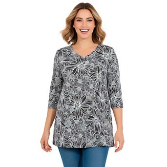 Woman Within Plus Size Perfect Printed Three-Quarter-Sleeve V-Neck Tunic