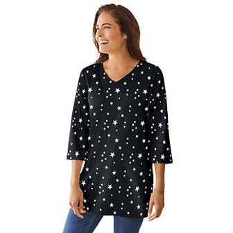 Woman Within Plus Size Perfect Printed Three-Quarter-Sleeve V-Neck Tunic