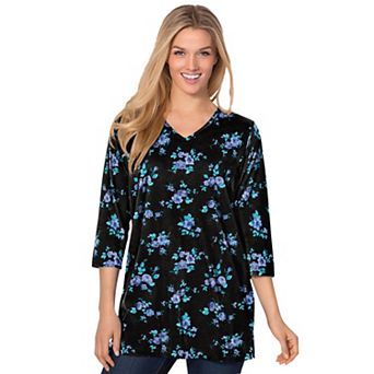 Woman Within Plus Size Perfect Printed Three-Quarter-Sleeve V-Neck Tunic