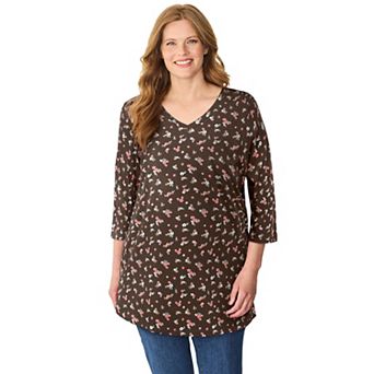 Woman Within Plus Size Perfect Printed Three-Quarter-Sleeve V-Neck Tunic