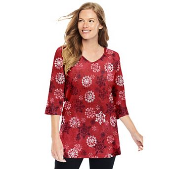 Woman Within Plus Size Perfect Printed Three-Quarter-Sleeve V-Neck Tunic
