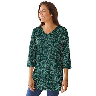 Woman Within Plus Size Perfect Printed Three-Quarter-Sleeve V-Neck Tunic