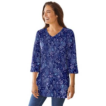 Woman Within Plus Size Perfect Printed Three-Quarter-Sleeve V-Neck Tunic