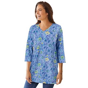 Woman Within Plus Size Perfect Printed Three-Quarter-Sleeve V-Neck Tunic