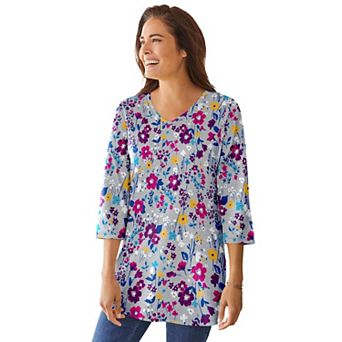 Woman Within Plus Size Perfect Printed Three-Quarter-Sleeve V-Neck Tunic
