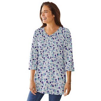 Woman Within Plus Size Perfect Printed Three-Quarter-Sleeve V-Neck Tunic