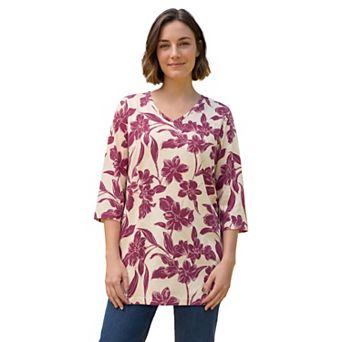 Woman Within Plus Size Perfect Printed Three-Quarter-Sleeve V-Neck Tunic