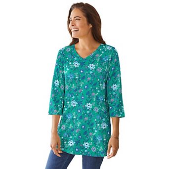 Woman Within Plus Size Perfect Printed Three-Quarter-Sleeve V-Neck Tunic