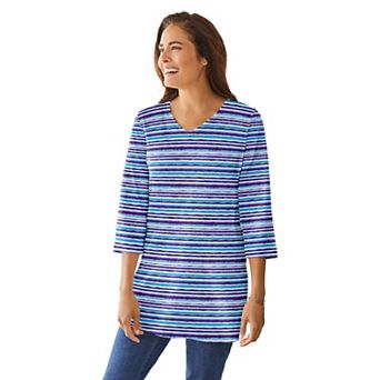 Woman Within Plus Size Perfect Printed Three-Quarter-Sleeve V-Neck Tunic