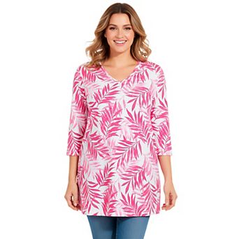Woman Within Plus Size Perfect Printed Three-Quarter-Sleeve V-Neck Tunic