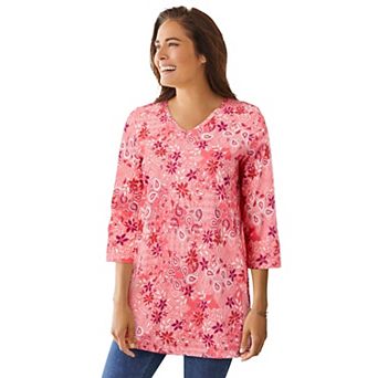 Woman Within Plus Size Perfect Printed Three-Quarter-Sleeve V-Neck Tunic