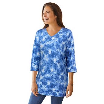 Woman Within Plus Size Perfect Printed Three-Quarter-Sleeve V-Neck Tunic
