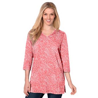Woman Within Plus Size Perfect Printed Three-Quarter-Sleeve V-Neck Tunic