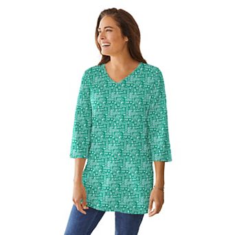 Woman Within Plus Size Perfect Printed Three-Quarter-Sleeve V-Neck Tunic