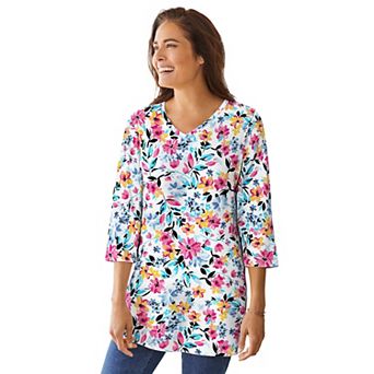 Woman Within Plus Size Perfect Printed Three-Quarter-Sleeve V-Neck Tunic