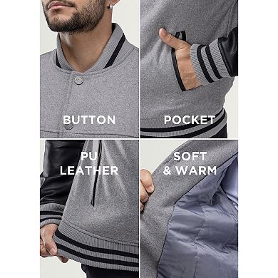 Men's Xray Wool Blend Varsity Bomber Jacket with Faux Leather Sleeves