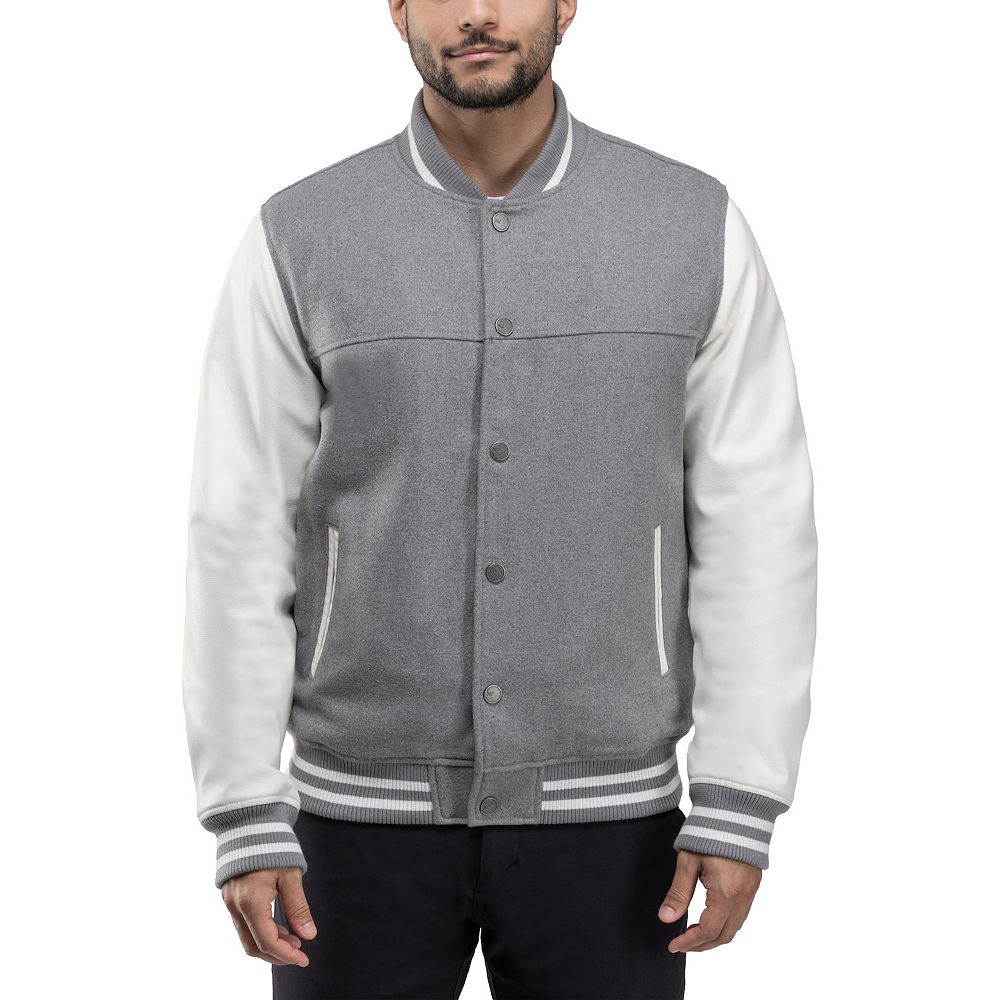 Men's Xray Wool Blend Varsity Bomber Jacket with Faux Leather Sleeves