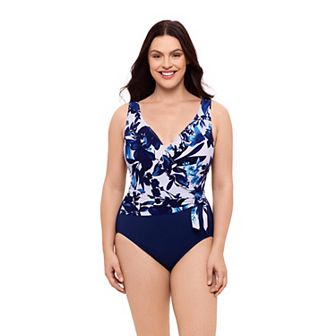 Women's Great Lengths Midnight Floral Ruffle Sash Surplice One-Piece Swimsuit
