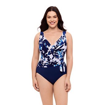 Women's Great Lengths Midnight Floral Ruffle Sash Surplice One-Piece Swimsuit