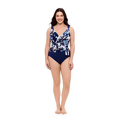Women's Great Lengths Midnight Floral Ruffle Sash Surplice One-Piece Swimsuit