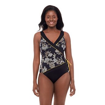 Women's Great Lengths Black Floral Tassel Surplice One Piece Swimsuit